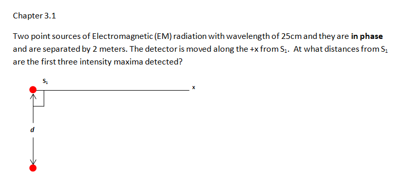 Chapter 3.1
Two point sources of Electromagnetic (EM) radiation with wavelength of 25cm and they are in phase
and are separated by 2 meters. The detector is moved along the +x from S₁. At what distances from S₁
are the first three intensity maxima detected?
S₁