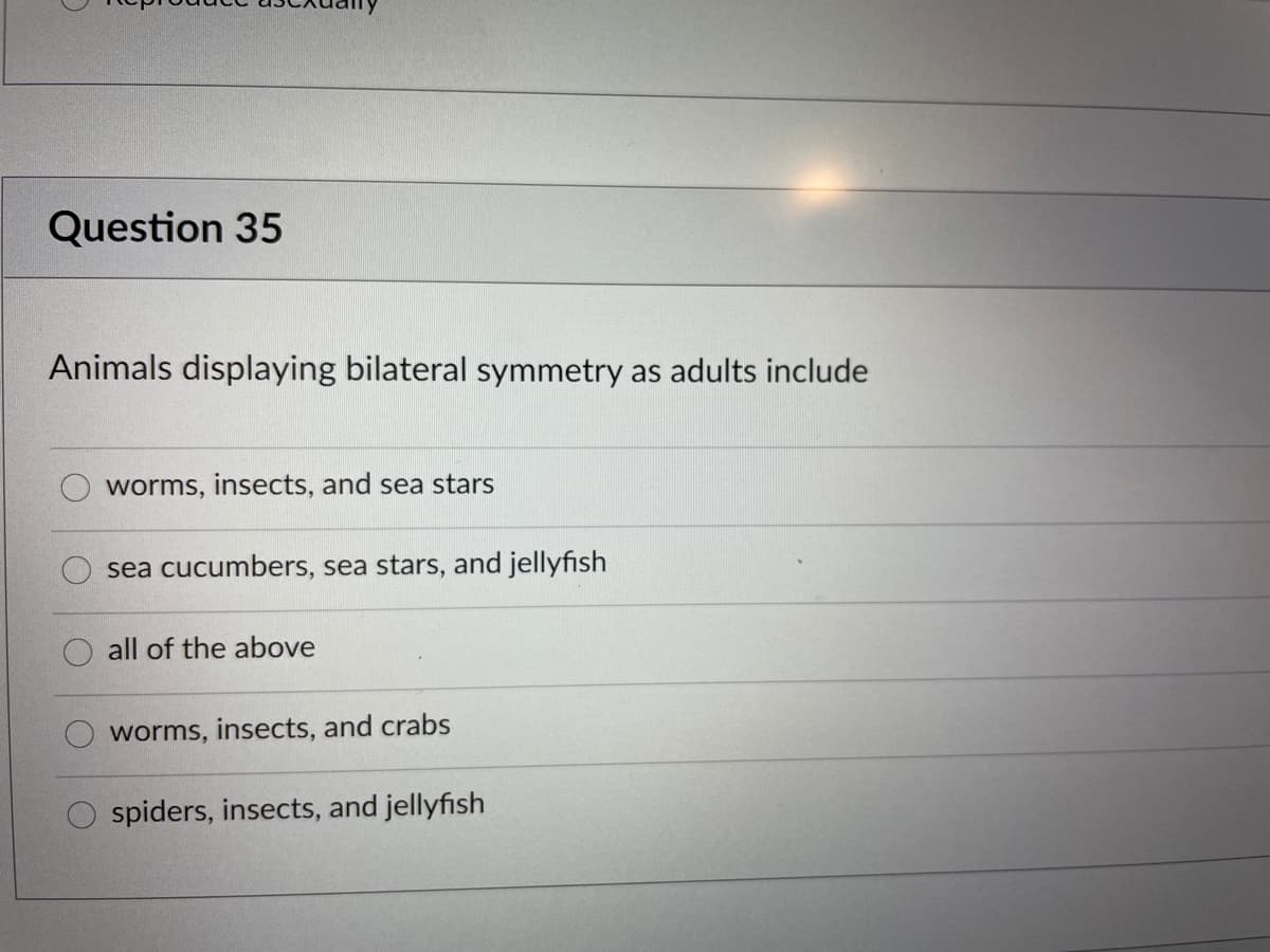 Question 35
Animals displaying bilateral symmetry as adults include
worms, insects, and sea stars
sea cucumbers, sea stars, and jellyfish
all of the above
worms, insects, and crabs
spiders, insects, and jellyfish
