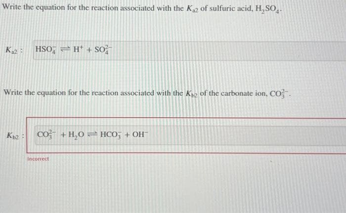 Write the equation for the reaction associated with the K₁2 of sulfuric acid, H₂SO4.
K₁2: HSO H+ + SO
Write the equation for the reaction associated with the K₁2 of the carbonate ion, CO
Kb2CO3 + H₂O = HCO3 + OH™
Incorrect