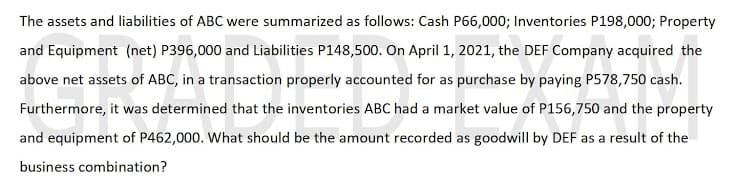 The assets and liabilities of ABC were summarized as follows: Cash P66,000; Inventories P198,000; Property
and Equipment (net) P396,000 and Liabilities P148,500. On April 1, 2021, the DEF Company acquired the
above net assets of ABC, in a transaction properly accounted for as purchase by paying P578,750 cash.
Furthermore, it was determined that the inventories ABC had a market value of P156,750 and the property
and equipment of P462,000. What should be the amount recorded as goodwill by DEF as a result of the
business combination?
