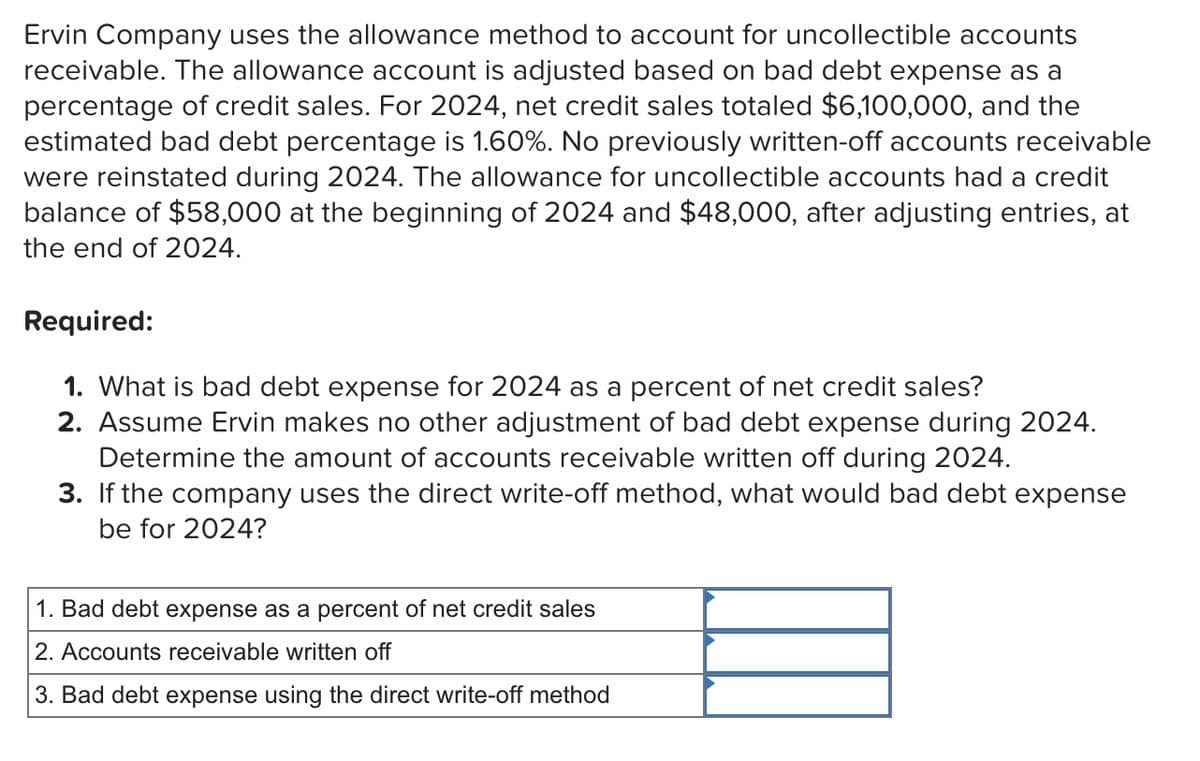 Ervin Company uses the allowance method to account for uncollectible accounts
receivable. The allowance account is adjusted based on bad debt expense as a
percentage of credit sales. For 2024, net credit sales totaled $6,100,000, and the
estimated bad debt percentage is 1.60%. No previously written-off accounts receivable
were reinstated during 2024. The allowance for uncollectible accounts had a credit
balance of $58,000 at the beginning of 2024 and $48,000, after adjusting entries, at
the end of 2024.
Required:
1. What is bad debt expense for 2024 as a percent of net credit sales?
2. Assume Ervin makes no other adjustment of bad debt expense during 2024.
Determine the amount of accounts receivable written off during 2024.
3. If the company uses the direct write-off method, what would bad debt expense
be for 2024?
1. Bad debt expense as a percent of net credit sales
2. Accounts receivable written off
3. Bad debt expense using the direct write-off method
