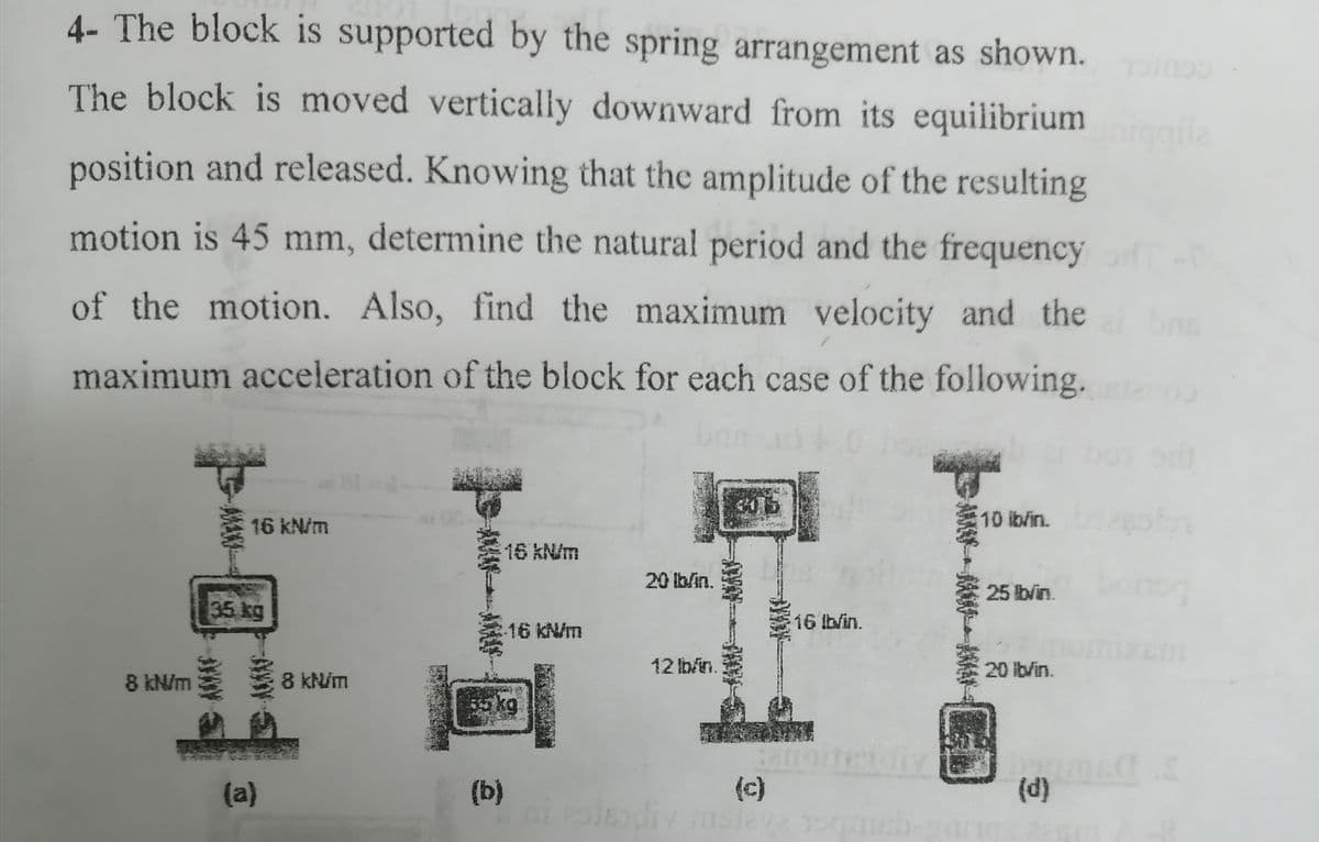 4- The block is supported by the spring arrangement as shown.
The block is moved vertically downward from its equilibrium
iggila
position and released. Knowing that the amplitude of the resulting
motion is 45 mm, determine the natural period and the frequency
of the motion. Also, find the maximum velocity and the
maximum acceleration of the block for each case of the following.
16 kN/m
10 ib/in.
16 kN/m
20 lb/in.
: 25 b/in.
35 kg
-16KN/m
16 lb/in.
12 b/in.
20 lb/in.
8 kN/m
kN/m
akg
(a)
(b)
(c)
(d)
