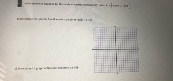 a) Determine an equation for the family of quartic functions with zeros 4,
(order
21.
and
b) Determine the specific function which passes through (-2, 12)
) Draw a sketch graph of this function from part b)
