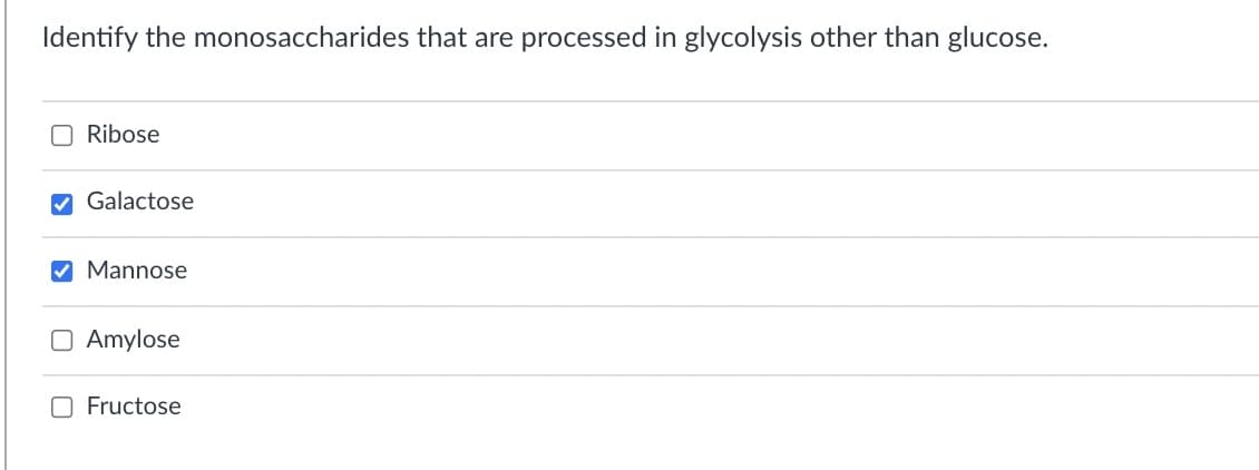 Identify the monosaccharides that are processed in glycolysis other than glucose.
O Ribose
V Galactose
V Mannose
Amylose
O Fructose
