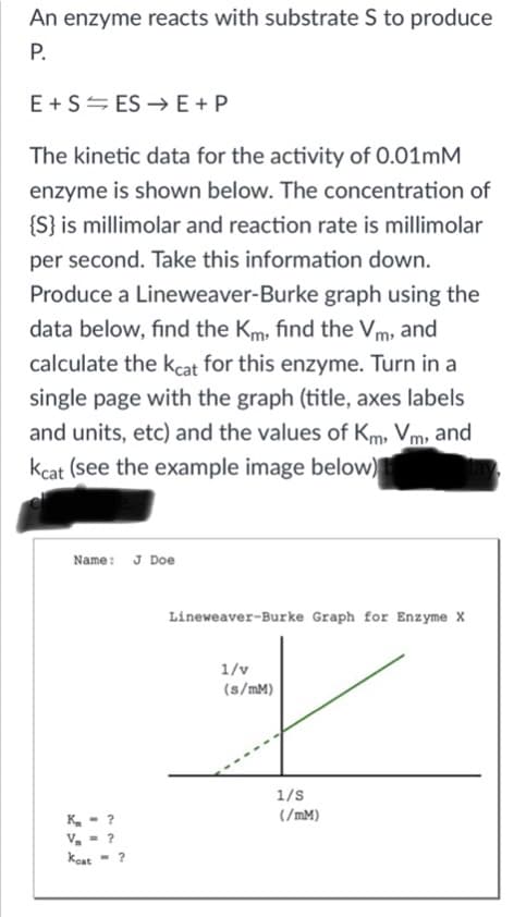 An enzyme reacts with substrate S to produce
P.
E +SS ES → E + P
The kinetic data for the activity of 0.01mM
enzyme is shown below. The concentration of
{S} is millimolar and reaction rate is millimolar
per second. Take this information down.
Produce a Lineweaver-Burke graph using the
data below, find the Km, find the Vm, and
calculate the kcat for this enzyme. Turn in a
single page with the graph (title, axes labels
and units, etc) and the values of Km, Vm, and
kcat (see the example image below)
Name: J Doe
Lineweaver-Burke Graph for Enzyme X
1/v
(s/mM)
1/s
(/mM)
K - ?
keat - ?

