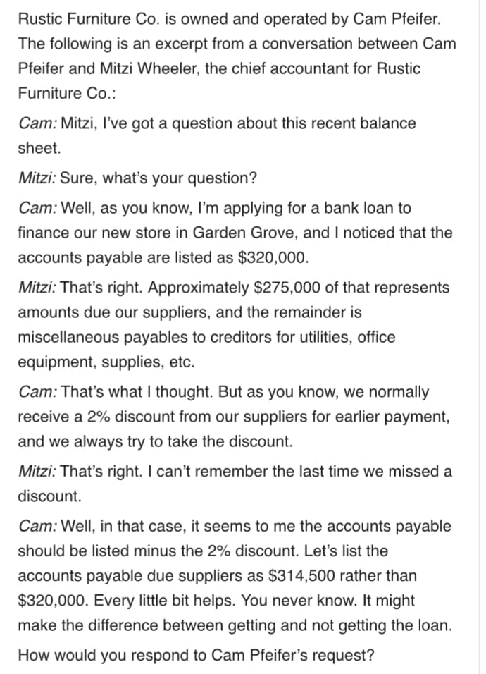 Rustic Furniture Co. is owned and operated by Cam Pfeifer.
The following is an excerpt from a conversation between Cam
Pfeifer and Mitzi Wheeler, the chief accountant for Rustic
Furniture Co.:
Cam: Mitzi, I've got a question about this recent balance
sheet.
Mitzi: Sure, what's your question?
Cam: Well, as you know, I'm applying for a bank loan to
finance our new store in Garden Grove, and I noticed that the
accounts payable are listed as $320,000.
Mitzi: That's right. Approximately $275,000 of that represents
amounts due our suppliers, and the remainder is
miscellaneous payables to creditors for utilities, office
equipment, supplies, etc.
Cam: That's what I thought. But as you know, we normally
receive a 2% discount from our suppliers for earlier payment,
and we always try to take the discount.
Mitzi: That's right. I can't remember the last time we missed a
discount.
Cam: Well, in that case, it seems to me the accounts payable
should be listed minus the 2% discount. Let's list the
accounts payable due suppliers as $314,500 rather than
$320,000. Every little bit helps. You never know. It might
make the difference between getting and not getting the loan.
How would you respond to Cam Pfeifer's request?
