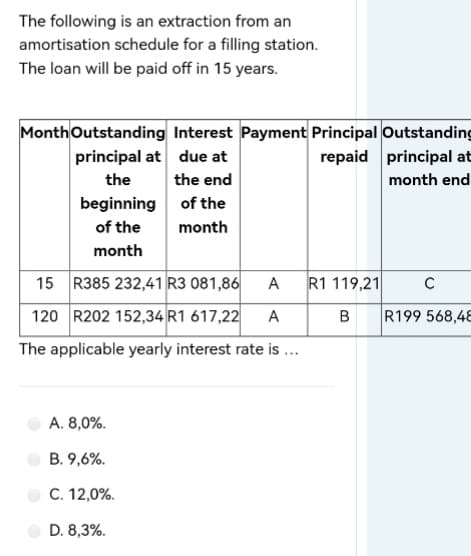 The following is an extraction from an
amortisation schedule for a filling station.
The loan will be paid off in 15 years.
Month Outstanding Interest Payment Principal Outstanding
principal at due at
repaid
principal at
the
the end
month end
beginning
of the
of the
month
month
15 R385 232,41 R3 081,86
A
R1 119,21
с
120 R202 152,34 R1 617,22 A
B R199 568,48
The applicable yearly interest rate is ...
A. 8,0%.
B. 9,6%.
C. 12,0%.
D. 8,3%.