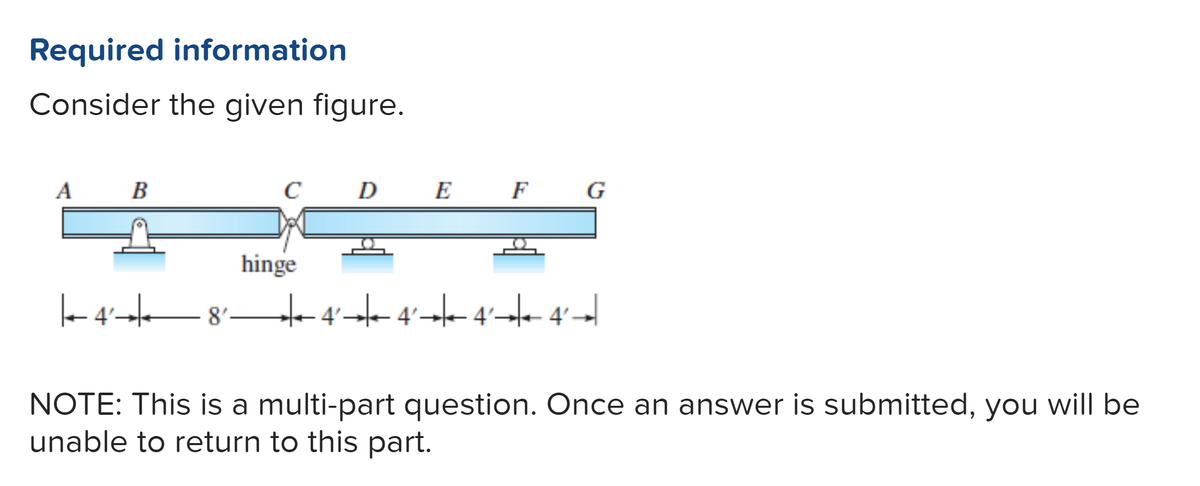 Required information
Consider the given figure.
A
B
C
hinge
D E F G
|—— 4²▬★▬—_—_—_—__8'_————————4' 4' 4' 4'd
NOTE: This is a multi-part question. Once an answer is submitted, you will be
unable to return to this part.