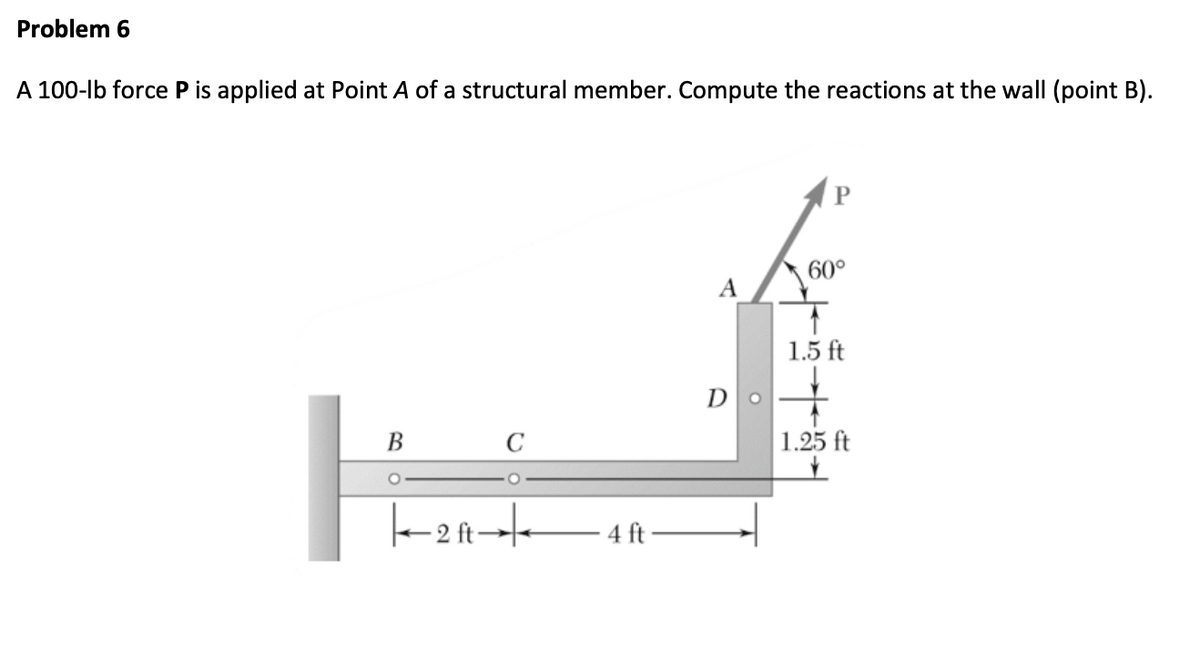 Problem 6
A 100-lb force P is applied at Point A of a structural member. Compute the reactions at the wall (point B).
B
C
|—2 f→|-
-4 ft-
A
Do
60°
1.5 ft
1.25 ft