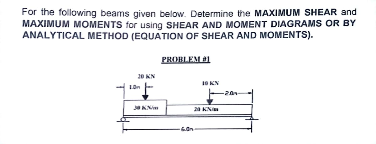 For the following beams given below. Determine the MAXIMUM SHEAR and
MAXIMUM MOMENTS for using SHEAR AND MOMENT DIAGRAMS OR BY
ANALYTICAL METHOD (EQUATION OF SHEAR AND MOMENTS).
20 KN
1.0m
30 KN/m
PROBLEM #1
6.0m
10 KN
20 KN/m
-2.0m