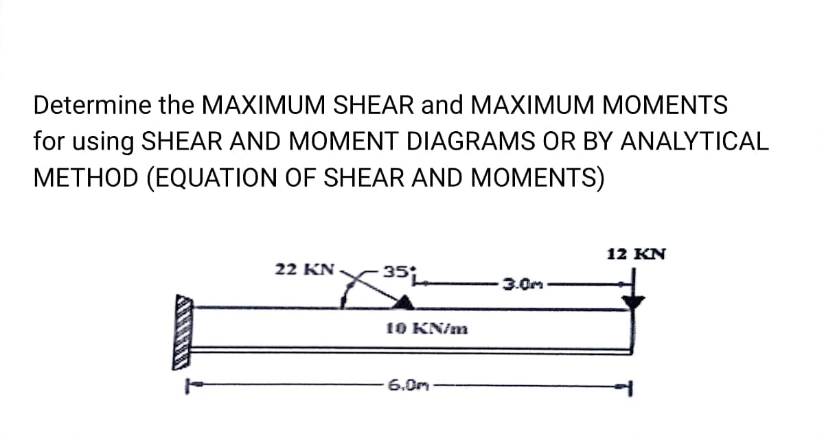 Determine the MAXIMUM SHEAR and MAXIMUM MOMENTS
for using SHEAR AND MOMENT DIAGRAMS OR BY ANALYTICAL
METHOD (EQUATION OF SHEAR AND MOMENTS)
22 KN
35:
10 KN/m
6.0m
3.0m
12 KN