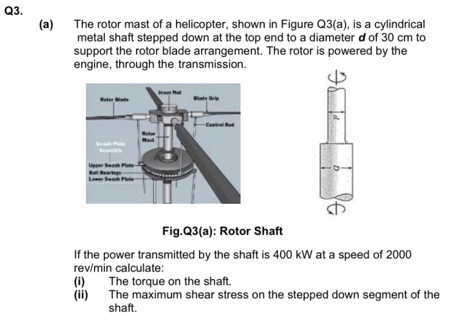 Q3.
(a)
The rotor mast of a helicopter, shown in Figure Q3(a), is a cylindrical
metal shaft stepped down at the top end to a diameter d of 30 cm to
support the rotor blade arrangement. The rotor is powered by the
engine, through the transmission.
Jesun Nut
Motor Binde
Blade Grip
Contral Rod
Ruter
Mast
Swa Pate
Ably
Upper Swash Plate-
Ball Bearngs
Lower Swash Plate
Fig.Q3(a): Rotor Shaft
If the power transmitted by the shaft is 400 kW at a speed of 2000
rev/min calculate:
(i)
(ii)
The torque on the shaft.
The maximum shear stress on the stepped down segment of the
shaft.
