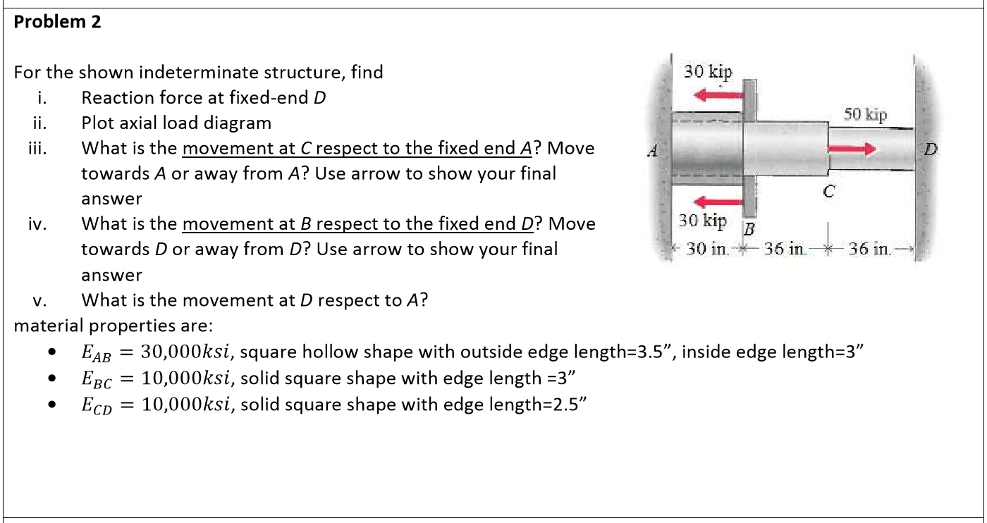Problem 2
For the shown indeterminate structure, find
30 kip
i.
Reaction force at fixed-end D
50 kip
Plot axial load diagram
What is the movement at C respect to the fixed end A? Move
ii.
iii.
towards A or away from A? Use arrow to show your final
answer
30 kip
What is the movement at B respect to the fixed end D? Move
towards D or away from D? Use arrow to show your final
iv.
30 in.-36 in.
36 in.
answer
v.
What is the movement at D respect to A?
material properties are:
30,000ksi, square hollow shape with outside edge length=3.5", inside edge length=3"
ЕдВ
EBC = 10,000ksi, solid square shape with edge length =3"
EcD = 10,000ksi, solid square shape with edge length=2.5"
