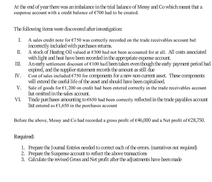 At the end of year there was an imbalance in the trial balance of Messy and Co which meant that a
suspense account with a credit balance of €700 had to be created.
The following items were discovered after investigation:
I.
A sales credit note for €750 was correctly recorded on the trade receivables account but
inconectly included with purchases returns.
A stock of Heating Oil valued at €300 had not been accounted for at all. All costs associated
with light and heat have been recorded in the appropriate expense account.
III.
П.
An early settlement discount of €100 had been taken even though the early payment period had
expired, and the supplier statement records the amount as still due
Cost of sales included €750 for components for a new non-current asset. These components
will extend the useful life of the asset and should have been capitalised.
Sale of goods for €1,200 on credit had been entered correctly in the trade receivables account
but omitted in the sales account.
IV.
V.
VI. Trade purchases amounting to €650 had been correctly reflected in the trade payables account
but entered as €1,650 in the purchases account
Before the above, Messy and Co had recorded a gross profit of €46,000 and a Net profit of €28,750.
Required:
1. Prepare the Joumal Entries needed to correct each of the errors. (namatives ot required)
2. Prepare the Suspense account to reflect the above transactions
3. Calculate the revised Gross and Net prdfit after the adjustments have been made
