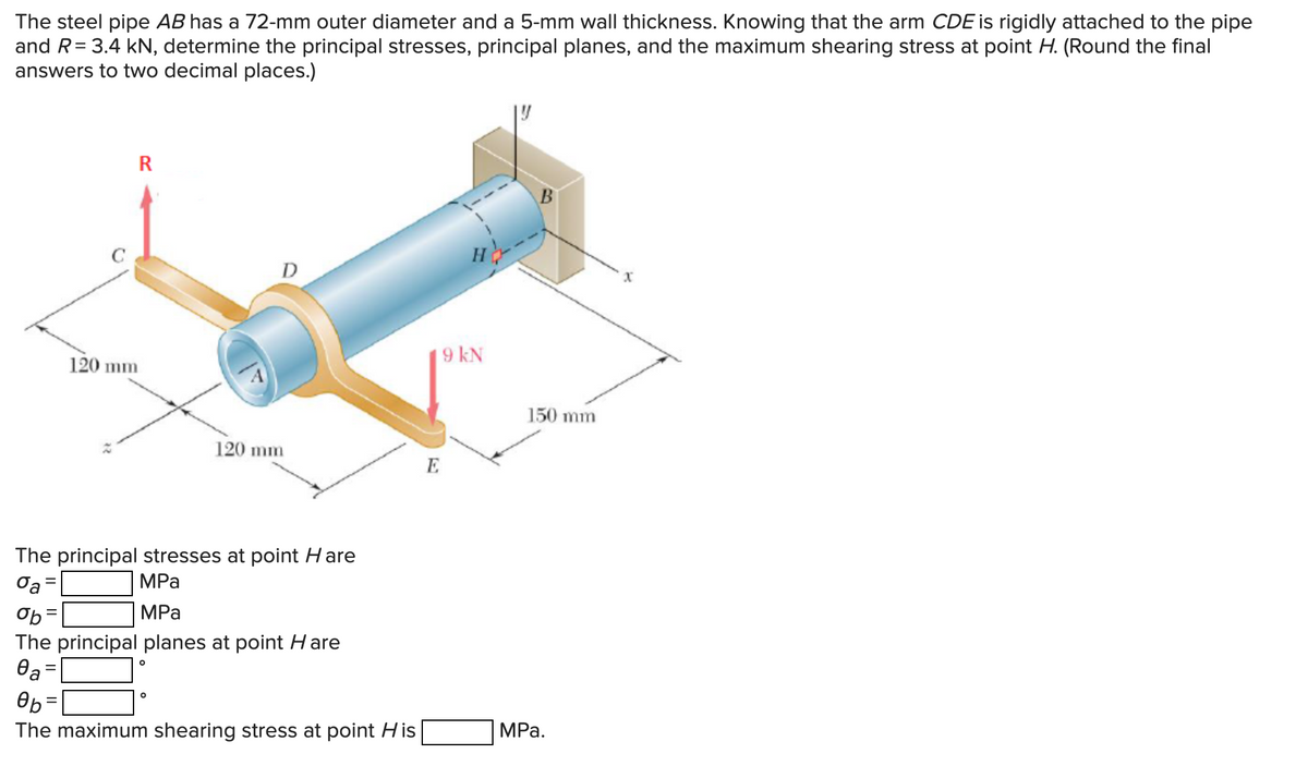 The steel pipe AB has a 72-mm outer diameter and a 5-mm wall thickness. Knowing that the arm CDE is rigidly attached to the pipe
and R= 3.4 kN, determine the principal stresses, principal planes, and the maximum shearing stress at point H. (Round the final
answers to two decimal places.)
R
B
D
9 kN
120 mm
150 mm
120 mm
E
The principal stresses at point Hare
MPа
MPа
Ob =
The principal planes at point H are
Ob
The maximum shearing stress at point His
MРа.
