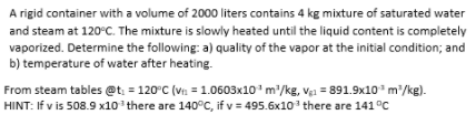 A rigid container with a volume of 2000 liters contains 4 kg mixture of saturated water
and steam at 120°C. The mixture is slowly heated until the liquid content is completely
vaporized. Determine the following: a) quality of the vapor at the initial condition; and
b) temperature of water after heating.
From steam tables @t: = 120°C (vn = 1.0603x10' m'/kg, vạ1 = 891.9x10' m²/kg).
HINT: If v is 508.9 x10 there are 140°C, if v = 495.6x10 there are 141°c

