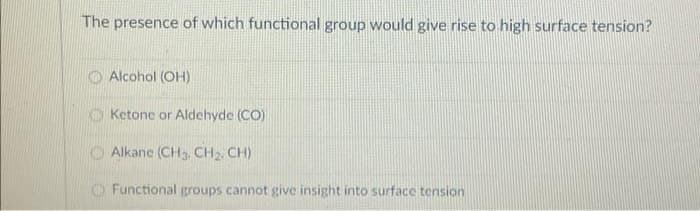 The presence of which functional group would give rise to high surface tension?
Alcohol (OH)
Ketone or Aldehyde (CO)
Alkane (CH3, CH₂, CH)
Functional groups cannot give insight into surface tension