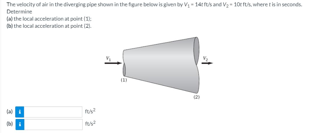 The velocity of air in the diverging pipe shown in the figure below is given by V1 = 14t ft/s and V2 = 10t ft/s, where t is in seconds.
Determine
(a) the local acceleration at point (1);
(b) the local acceleration at point (2).
(1)
(2)
(a) i
ft/s?
(b) i
ft/s2
