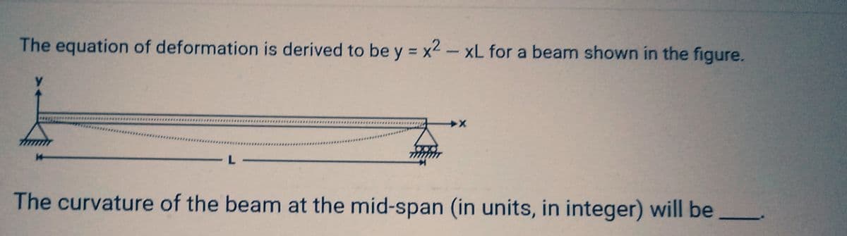 The equation of deformation is derived to be y = x² - xL for a beam shown in the figure.
****
The curvature of the beam at the mid-span (in units, in integer) will be