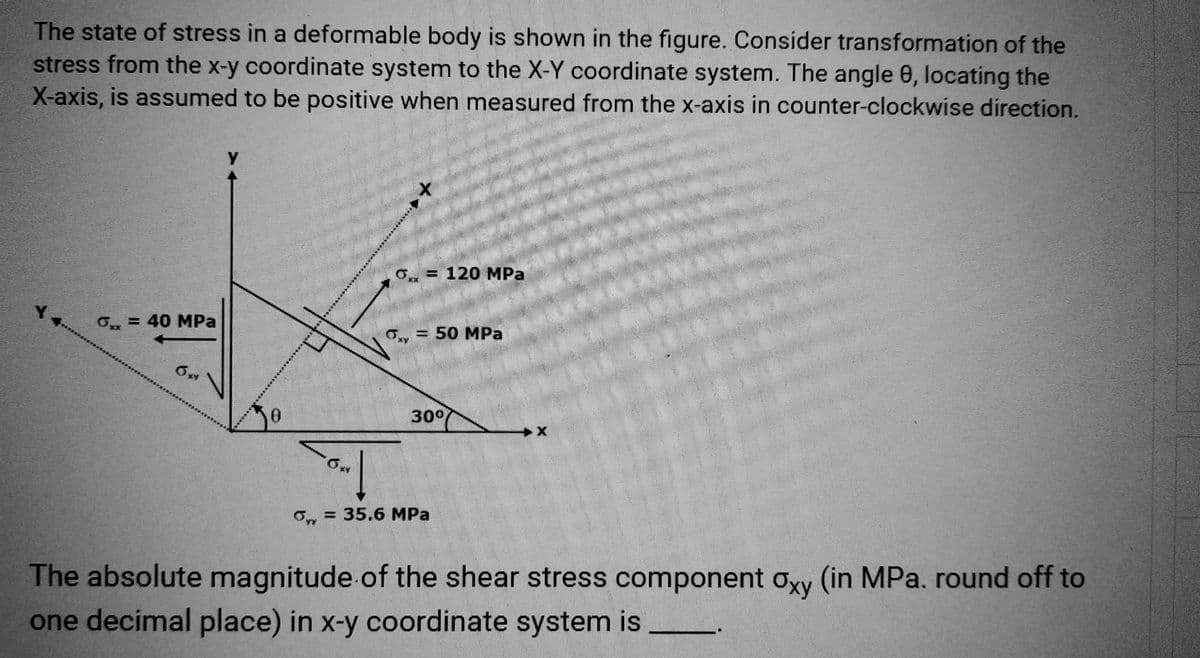 The state of stress in a deformable body is shown in the figure. Consider transformation of the
stress from the x-y coordinate system to the X-Y coordinate system. The angle 8, locating the
X-axis, is assumed to be positive when measured from the x-axis in counter-clockwise direction.
Y
G₁ = 40 MPa
0xY
Y
0
XY
σ.. = 120 MPa
= 50 MPa
30⁰
O = 35.6 MPa
The absolute magnitude of the shear stress component Oxy (in MPa. round off to
one decimal place) in x-y coordinate system is