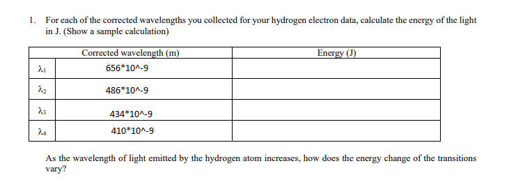 1. For each of the corrected wavelengths you collected for your hydrogen electron data, calculate the energy of the light
in J. (Show a sample calculation)
Corrected wavelength (m)
656*10^-9
486*10^-9
2₁
2₂
23
24
434*10^-9
410*10^-9
Energy (J)
As the wavelength of light emitted by the hydrogen atom increases, how does the energy change of the transitions
vary?