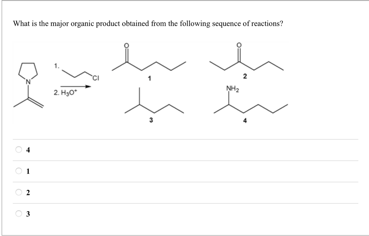 What is the major organic product obtained from the following sequence of reactions?
4
1
2
3
2. H3O+
يديا
2
3
NH2
