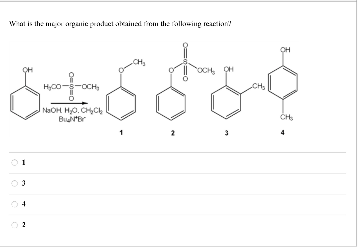 What is the major organic product obtained from the following reaction?
OH
H3CO-S-OCH3
CH3
OCH3 OH
CH3
6±6680
NaOH, H₂O, CH2Cl₂
Bu4N+Br
2
3
CH3
4
1
3
4
2