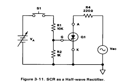 #
S1
o'â
ww
R1
10K
R2
1K
OK
R4
2208
www
Q1
2
Figure 3-11. SCR as a Half-wave Rectifier.
Vac