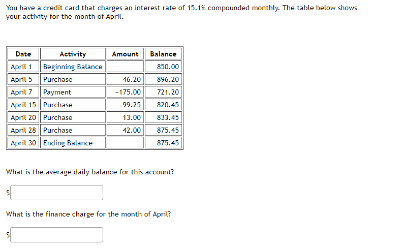 You have a credit card that charges an interest rate of 15.1% compounded monthly. The table below shows
your activity for the month of April.
Date
April 1
April 5
April 7
April 15
April 20
April 28
April 30 Ending Balance
Activity
Beginning Balance
Purchase
$
Payment
Purchase
Purchase
Purchase
Amount
46.20
-175.00
99.25
13.00
42.00
Balance
850.00
896.20
721.20
820.45
833.45
875.45
875.45
What is the average daily balance for this account?
What is the finance charge for the month of April?