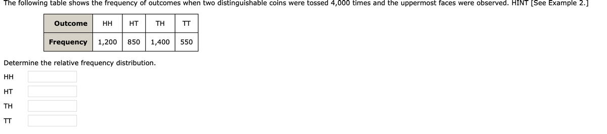 The following table shows the frequency of outcomes when two distinguishable coins were tossed 4,000 times and the uppermost faces were observed. HINT [See Example 2.]
Outcome
HH
HT
TH
TT
Frequency
1,200
850
1,400
550
Determine the relative frequency distribution.
HH
HT
TH
TT
