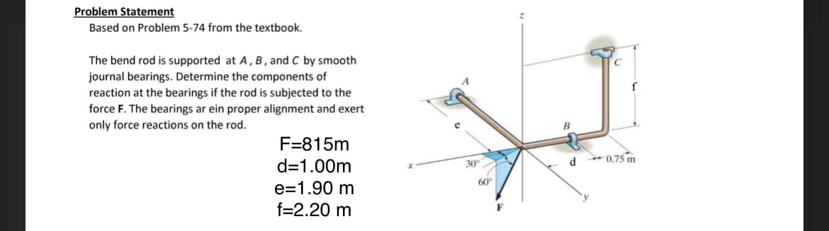 Problem Statement
Based on Problem 5-74 from the textbook.
The bend rod is supported at A, B, and C by smooth
journal bearings. Determine the components of
reaction at the bearings if the rod is subjected to the
force F. The bearings ar ein proper alignment and exert
only force reactions on the rod.
F=815m
d=1.00m
e=1.90 m
f=2.20 m
30°
60°
B
d
f
0.75 m