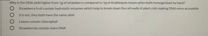 Why is the DNA yield higher from 1g of strawberry compared to 1g of Arabidopsis leaves when both homogenised by hand?
Strawberry fruit contain hydrolytic enzymes which help to break down the cell walls of plant cells making DNA more accessbile
It is not, they both have the same yield
Leaves contain chlorophyll
Strawberries contain more DNA
