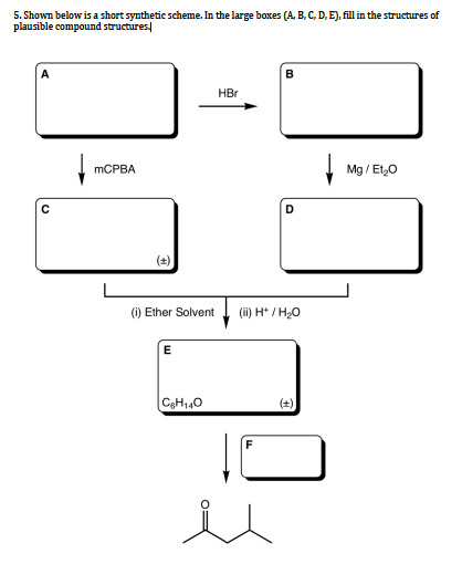5. Shown below is a short synthetic scheme. In the large boxes (A, B, C, D, E), fill in the structures of
plausible compound structures
A
B
HBr
MCPBA
Mg / Et,0
D
(2)
(1) Ether Solvent
(ii) H* / H0
