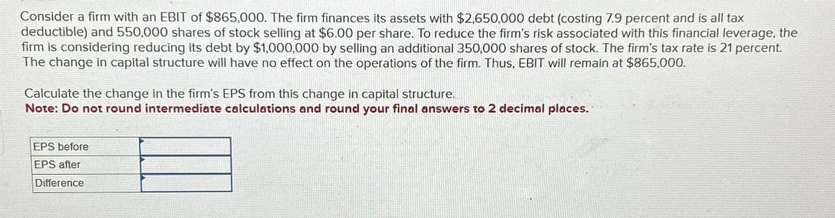 Consider a firm with an EBIT of $865,000. The firm finances its assets with $2,650,000 debt (costing 7.9 percent and is all tax
deductible) and 550,000 shares of stock selling at $6.00 per share. To reduce the firm's risk associated with this financial leverage, the
firm is considering reducing its debt by $1,000,000 by selling an additional 350,000 shares of stock. The firm's tax rate is 21 percent.
The change in capital structure will have no effect on the operations of the firm. Thus, EBIT will remain at $865,000.
Calculate the change in the firm's EPS from this change in capital structure.
Note: Do not round intermediate calculations and round your final answers to 2 decimal places.
EPS before
EPS after
Difference