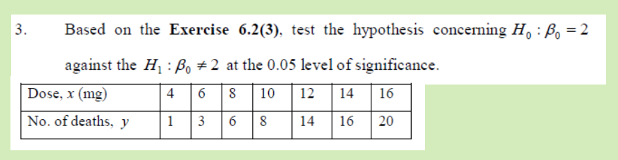 3.
Based on the Exercise 6.2(3), test the hypothesis concerning H, : Bo = 2
against the H, : Bo #2 at the 0.05 level of significance.
Dose, x (mg)
4
6
10
12
14 16
No. of deaths, y
1
3
6
8
14
16
20

