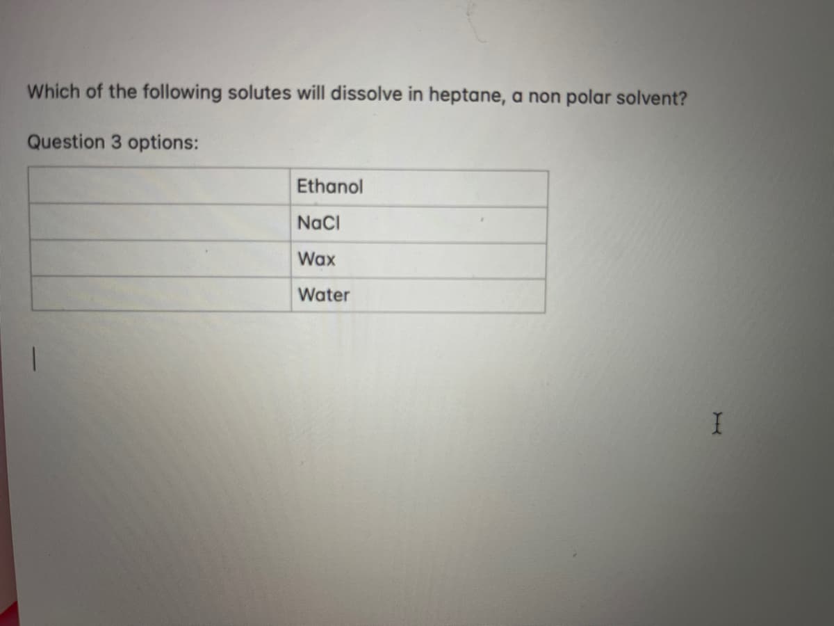 Which of the following solutes will dissolve in heptane, a non polar solvent?
Question 3 options:
Ethanol
NaCl
Wax
Water
I