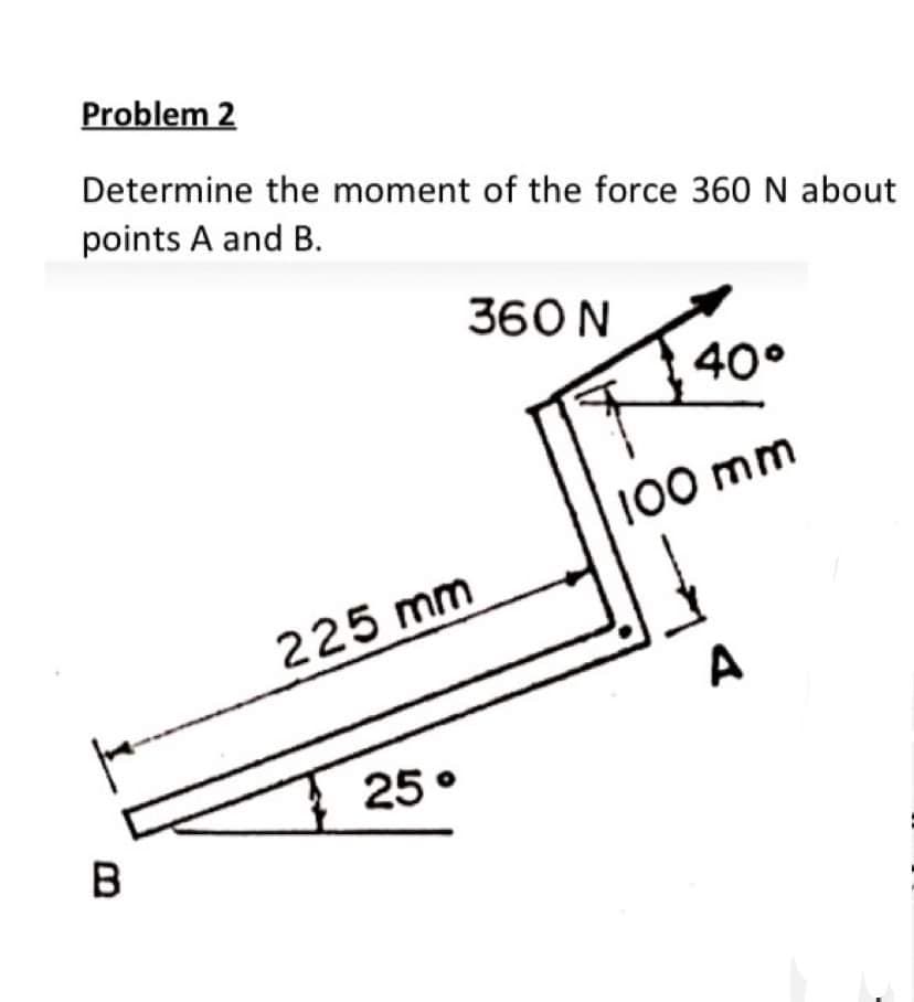 Problem 2
Determine the moment of the force 360 N about
points A and B.
360 N
40°
100 mm
225 mm
A
25 °
B
