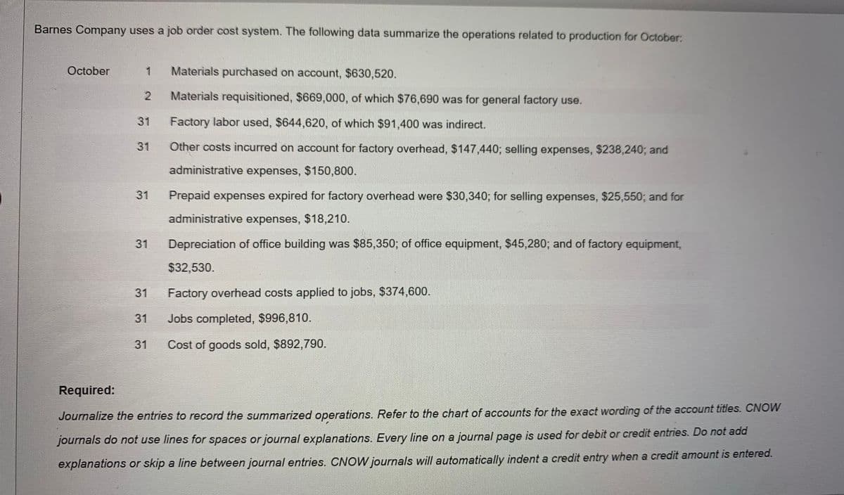 Barnes Company uses a job order cost system. The following data summarize the operations related to production for October:
October
Materials purchased on account, $630,520.
Materials requisitioned, $669,000, of which $76,690 was for general factory use.
31
Factory labor used, $644,620, of which $91,400 was indirect.
31
Other costs incurred on account for factory overhead, $147,440; selling expenses, $238,240; and
administrative expenses, $150,800.
31
Prepaid expenses expired for factory overhead were $30,340; for selling expenses, $25,550; and for
administrative expenses, $18,210.
31
Depreciation of office building was $85,350; of office equipment, $45,280; and of factory equipment,
$32,530.
31
Factory overhead costs applied to jobs, $374,600.
31
Jobs completed, $996,810.
31
Cost of goods sold, $892,790.
Required:
Journalize the entries to record the summarized operations. Refer to the chart of accounts for the exact wording of the account titles. CNOW
journals do not use lines for spaces or journal explanations. Every line on a journal page is used for debit or credit entries. Do not add
explanations or skip a line between journal entries. CNOW journals will automatically indent a credit entry when a credit amount is entered.
