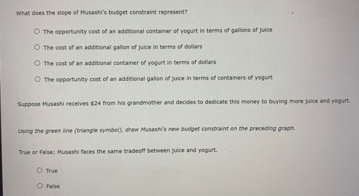 What does the slope of Musashi's budget constraint represent?
O The opportunity cost of an additional container of yogurt in terms of gallons of juice
O The cost of an additional gallon of juice in terms of dollars
O The cost of an additional container of yogurt in terms of dollars
O The opportunity cost of an additional gallon of juice in terms of containers of yogurt
Suppose Musashi receives $24 from his grandmother and decides to dedicate this money to buying more juice and yogurt.
Using the green line (triangle symbol), draw Musashi's new budget constraint on the preceding graph.
True or False: Musashi faces the same tradeoff between juice and yogurt.
O True
O False

