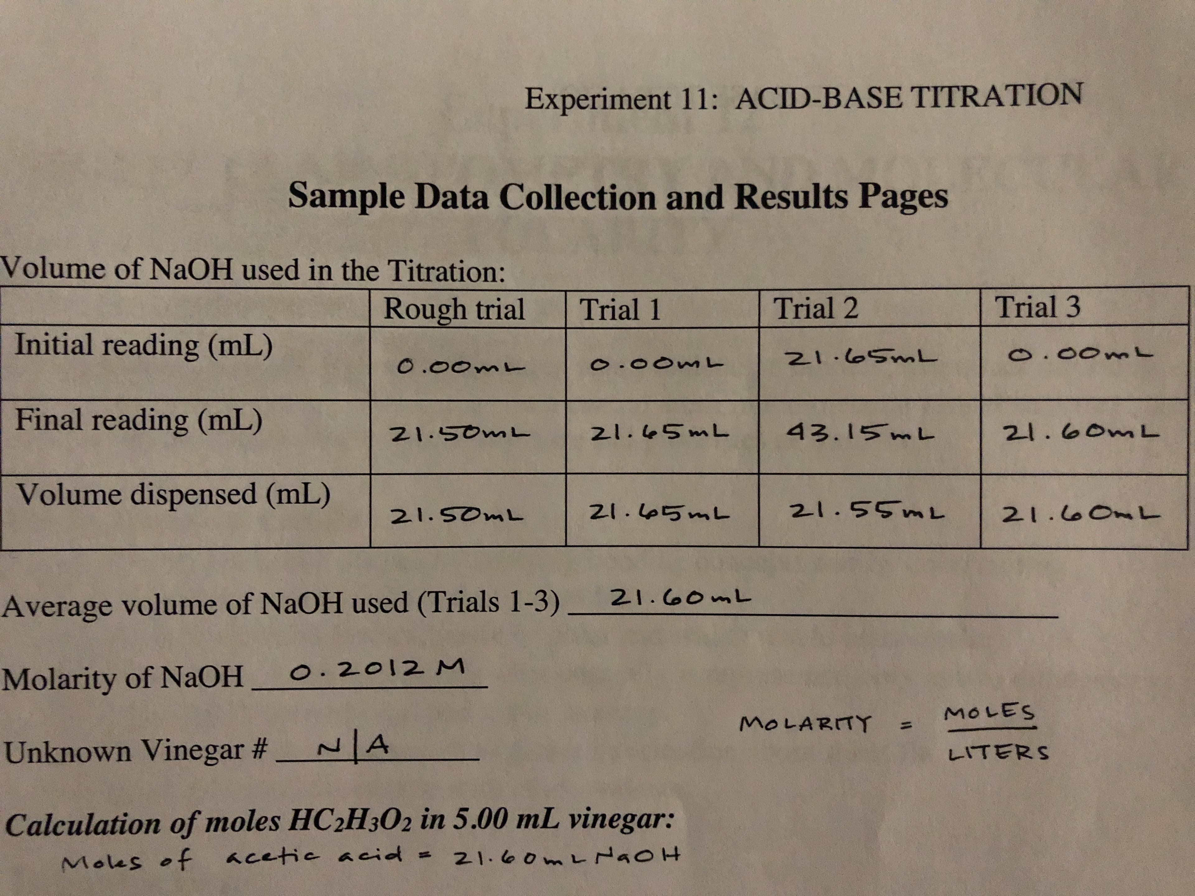 Experiment 11: ACID-BASE TITRATION
Sample Data Collection and Results Pages
Volume of NaOH used in the Titration:
Trial 3
Rough trial
Trial 2
Trial 1
Initial reading (mL)
o.00mL
21.0SML
O .0om
o.00ML
Final reading (mL)
43.15 mL
2l.6om L
z1.45ML
Z1.50ML
Volume dispensed (mL)
21.55ML
21.Lo5mL
21.6OnL
21.SOML
21.OomL
Average volume of NAOH used (Trials 1-3)
O.2012 M
Molarity of NaOH
MOLES
MOLARITY
N A
Unknown Vinegar #
LITERS
Calculation of moles HC2H302 in 5.00 mL vinegar:
21.6om L NaoH
Moles of cetie acid

