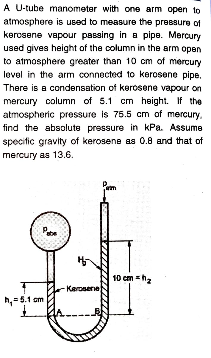 A U-tube manometer with one arm open to
atmosphere is used to measure the pressure of
kerosene vapour passing in a pipe. Mercury
used gives height of the column in the arm open
to atmosphere greater than 10 cm of mercury
level in the arm connected to kerosene pipe.
There is a condensation of kerosene vapour on
mercury column of 5.1
atmospheric pressure is 75.5 cm of mercury,
find the absolute pressure in kPa. Assume
cm height. If the
specific gravity of kerosene as 0.8 and that of
mercury as 13.6.
atm
Pabe
10 cm = h2
%23
Kerosene
h, = 5.1 cm
