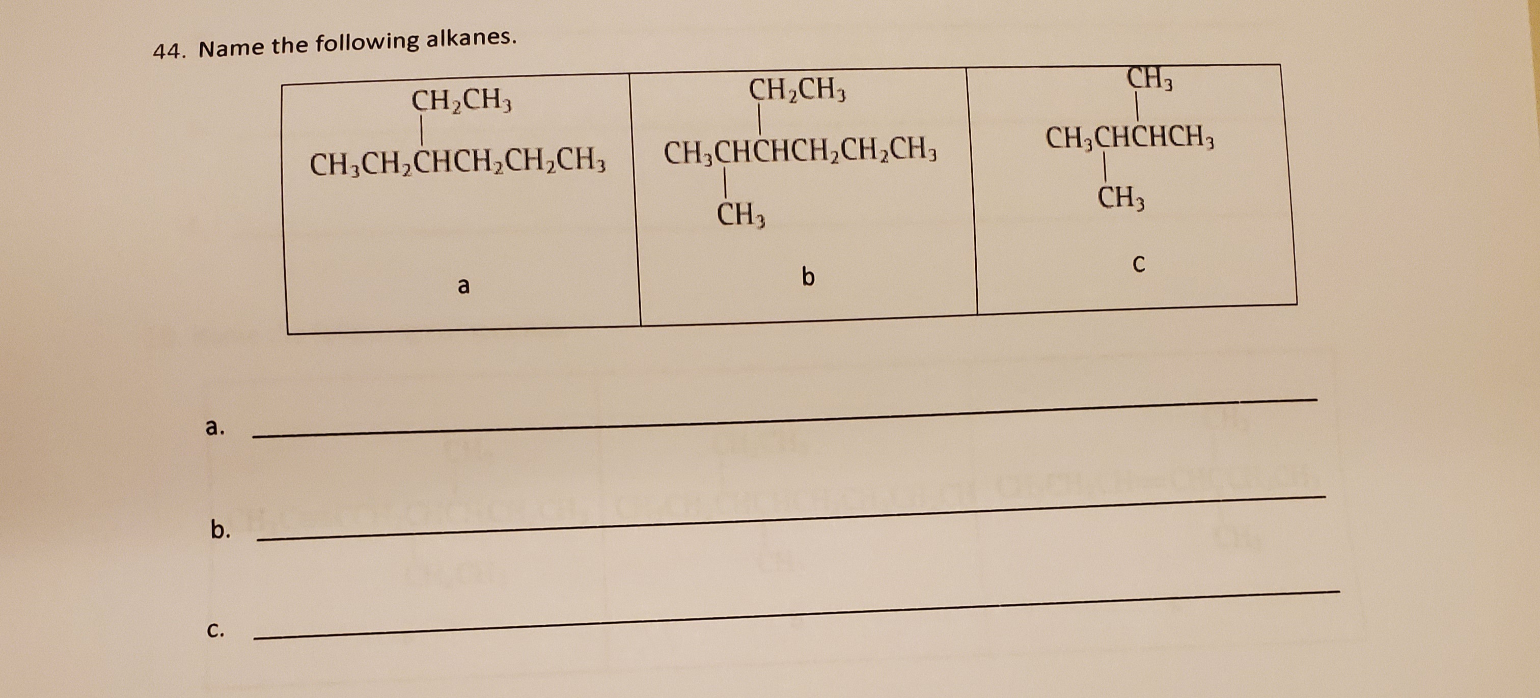 . Name the following alkanes.
CH,CH3
CH3
CH,CH3
CH;CHCHCH,CH,CH3
CH;CHCHCH3
CH,CH,CHCH,CH,CH3
CH3
CH3
C
a
