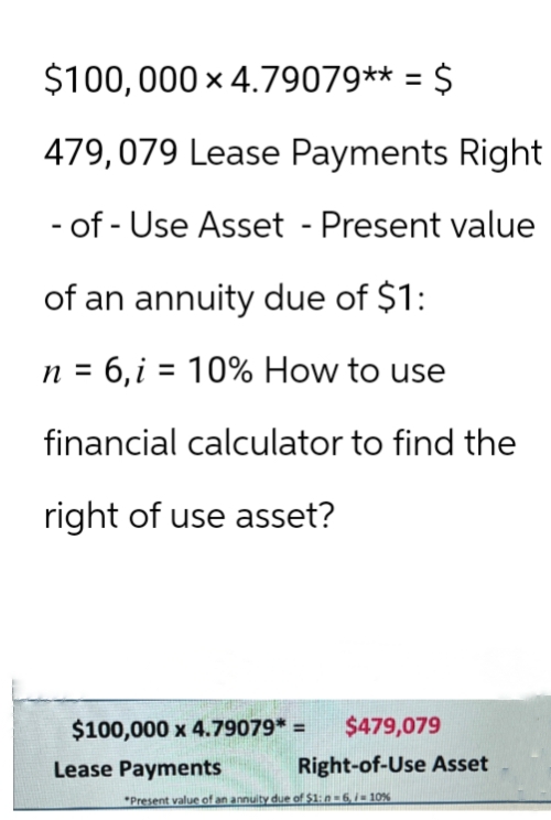 $100,000 × 4.79079** = $
479,079 Lease Payments Right
- of Use Asset - Present value
of an annuity due of $1:
6,i=10% How to use
financial calculator to find the
right of use asset?
$100,000 x 4.79079* =
Lease Payments
$479,079
Right-of-Use Asset
Present value of an annuity due of $1:n-6/-10%