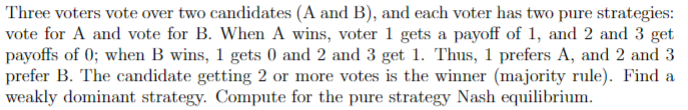 Three voters vote over two candidates (A and B), and each voter has two pure strategies:
vote for A and vote for B. When A wins, voter 1 gets a payoff of 1, and 2 and 3 get
payoffs of 0; when B wins, 1 gets 0 and 2 and 3 get 1. Thus, 1 prefers A, and 2 and 3
prefer B. The candidate getting 2 or more votes is the winner (majority rule). Find a
weakly dominant strategy. Compute for the pure strategy Nash equilibrium.
