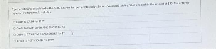 A petty cash fund, established with a $300 balance, had petty cash receipts (tickets/vouchers) totaling $269 and cash in the amount of $33. The entry to
replenish the fund would include a
O Credit to CASH for $269
O Credit to CASH OVER AND SHORT for $2
O Debit to CASH OVER AND SHORT for $2
O Credit to PETTY CASH for $269
