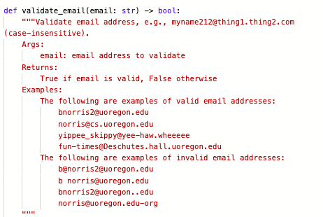 def validate_email(email: str) -> bool:
""Validate email address, e.g., myname212@thing1.thing2.com
(case-insensitive).
Args:
email: email address to validate
Returns:
True if email is valid, False otherwise
Examples:
The following are examples of valid email addresses:
bnorris2@uoregon.edu
norris@cs.uoregon.edu
yippee_skippy@yee-haw.wheeeee
fun-times@Deschutes.hall.uoregon.edu
The following are examples of invalid email addresses:
bệnorris2@uoregon.edu
b norris@uoregon.edu
bnorris2@uoregon..edu
norris@uoregon.edu-org
