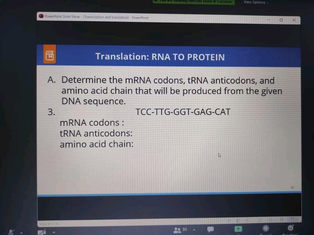 T 'sreen
View Options
O PowerPoint Slide Show - (Transcription and translation) - Powerfbint
Translation: RNA TO PROTEIN
A. Determine the MRNA codons, tRNA anticodons, and
amino acid chain that will be produced from the given
DNA sequence.
3.
TCC-TTG-GGT-GAG-CAT
MRNA codons :
TRNA anticodons:
amino acid chain:
T.30
的
