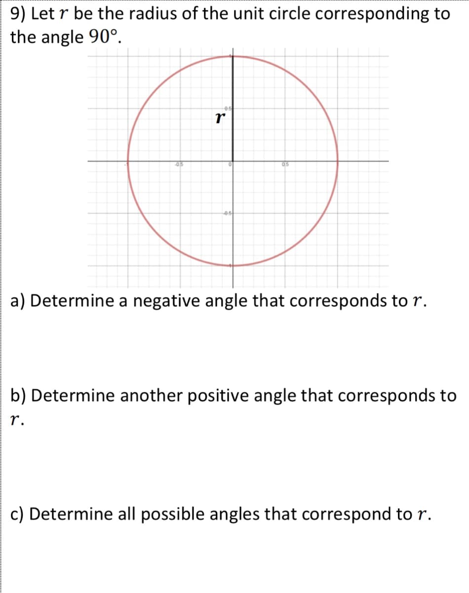 9) Let r be the radius of the unit circle corresponding to
the angle 90°.
05
05
-05
a) Determine a negative angle that corresponds to r.
b) Determine another positive angle that corresponds to
r.
c) Determine all possible angles that correspond to r.
