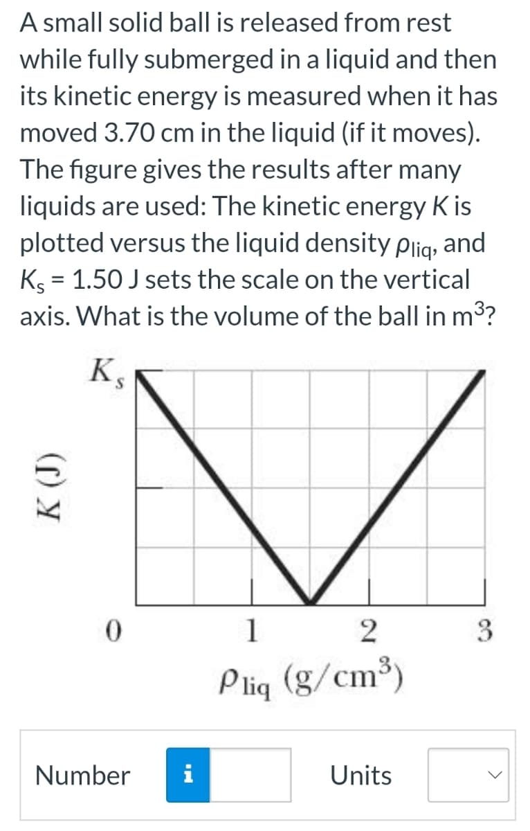 A small solid ball is released from rest
while fully submerged in a liquid and then
its kinetic energy is measured when it has
moved 3.70 cm in the liquid (if it moves).
The figure gives the results after many
liquids are used: The kinetic energy Kis
plotted versus the liquid density Pliq, and
Ks = 1.50 J sets the scale on the vertical
axis. What is the volume of the ball in m³?
K (J)
Ks
0
Number
2
1
Pliq (g/cm³)
Units
3