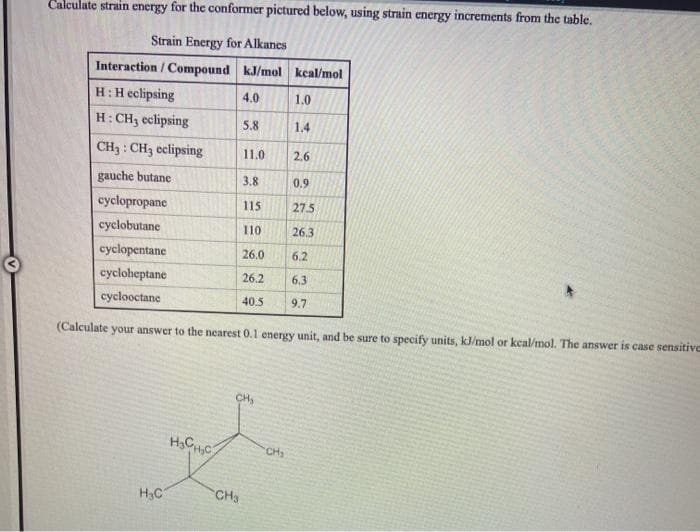 Calculate strain energy for the conformer pictured below, using strain energy increments from the table.
Strain Energy for Alkanes
Interaction / Compound kJ/mol keal/mol
H:H eclipsing
4.0
1.0
H: CH3 eclipsing
5.8
1.4
CH3 : CH3 eclipsing
11.0
2.6
gauche butane
3.8
0.9
cyclopropane
115
27.5
cyclobutane
110
26.3
cyclopentane
26.0
6.2
cycloheptane
26.2
6.3
cyclooctane
40.5
9.7
(Calculate your answer to the nearest 0.1 energy unit, and be sure to specify units, kJ/mol or kcal/mol. The answer is case sensitive
CH
H.CC
CH
H3C
CH3
